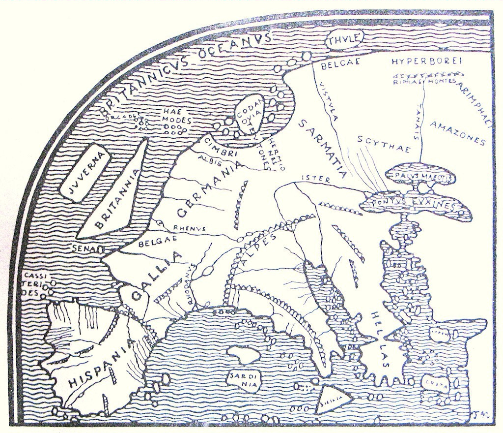Pomponius Mela I. században készült térképe, a világ legészakibb pontjával, Thule-val 