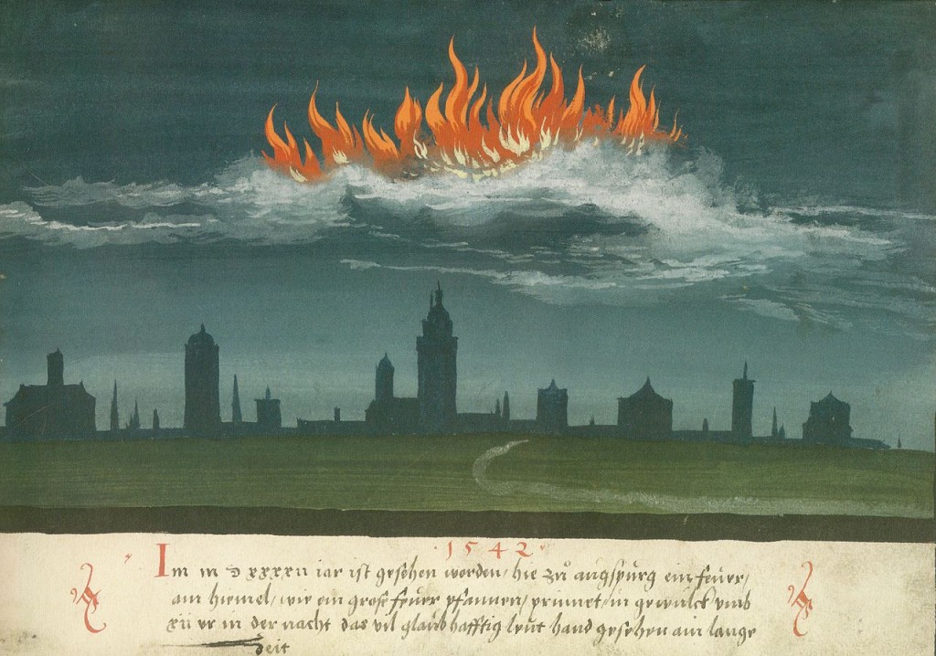 Augsburger_Wunderzeichenbuch_—_Folio_144-_Himmelsfeuer_über_Augsburg_1542