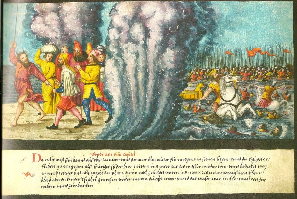 Augsburger_Wunderzeichenbuch_—_Folio_5-_(Exodus_14,_27-29)_„Moses_teilt_das_rote_Meer“