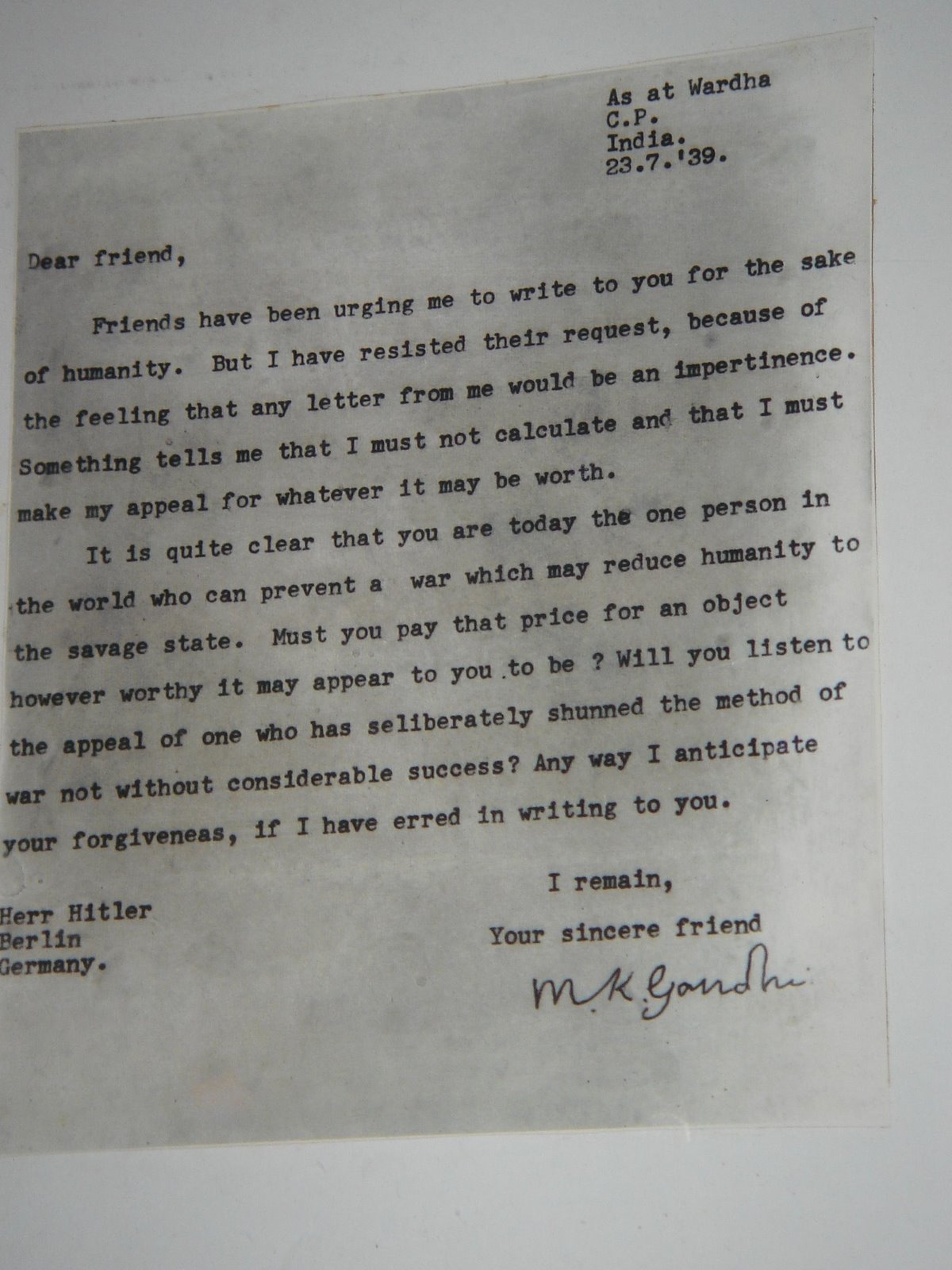 Gandhi első levele Hitlerhez