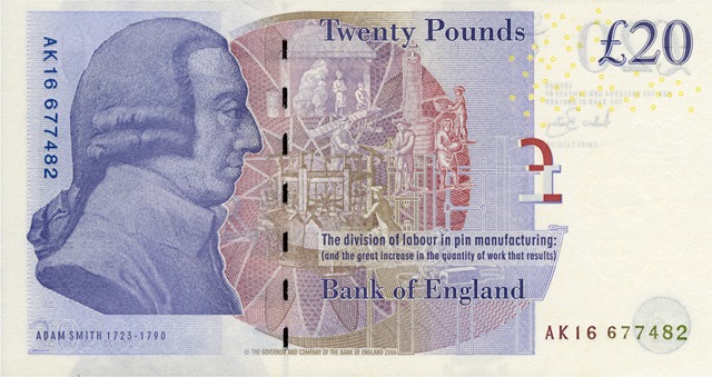 Adam Smith a brit 20 fontoson (kép: economicsone.com)