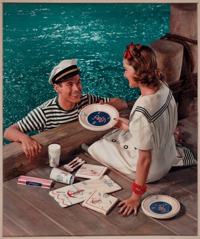 PAPER PLATE AD, COUPLE AT DOCK,