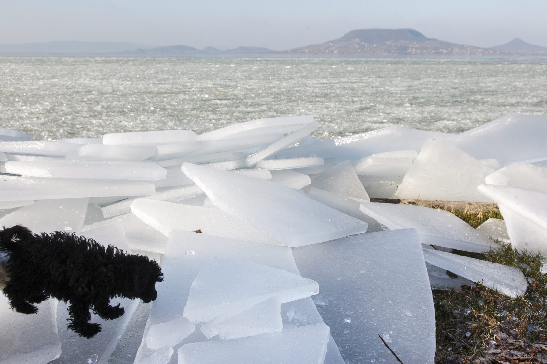 Fonyód, 2016. január 18. Az erõs északi szélben feltorlódott jégtáblák Fonyódon, a Balaton partján 2016. január 18-án. MTI Fotó: Varga György