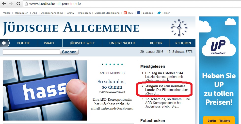 A cikk linkje már csak a címlapra visz. Forrás: Jüdische Allgemeine.