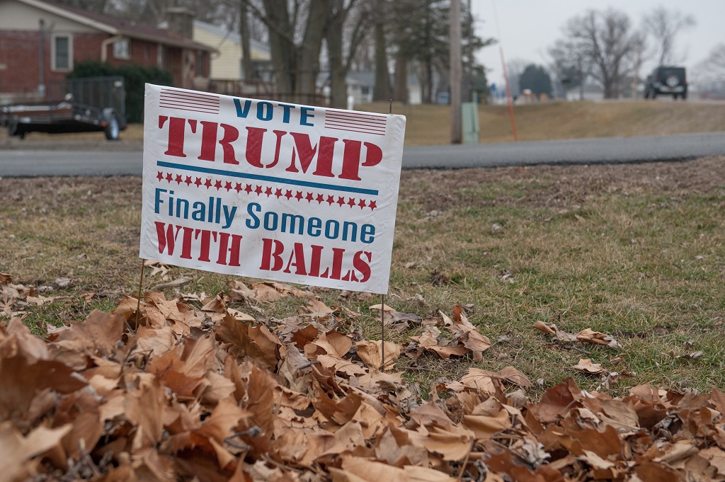 A campaign sign for Republican presidential candidate Donald Trump in seen on a lawn January 31, 2016 in Burlington, Iowa. Months into their campaigns, US presidential candidates were suddenly racing against time Sunday in a final frenzied weekend of persuasion politics before Iowa kicks off the nomination process. / AFP / Michael B. Thomas