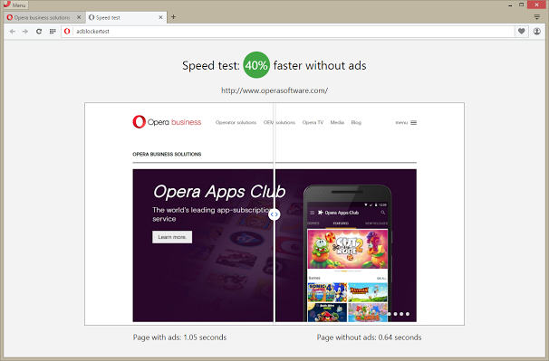 Az Opera adblocker funkciójában összevethető az oldalak betöltődési sebessége