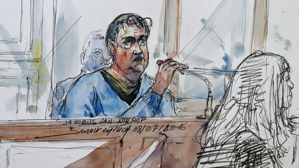 A courtroom sketch made on March 8, 2016, shows Dutch Jacobus Marinus Van Nierop dubbed as "The dentist of the horror" attending his trial at the Nevers courthouse, central France. The trial of Jacobus Marinus Van Nierop after allegedly mutilating the mouths of more than 100 patients in France opened on March 8. Jacobus Marinus Van Nierop, 51, ripped out healthy teeth and left dozens of patients in a remote French village with broken jaws, recurrent abscesses and septicaemia. / AFP / BENOIT PEYRUCQ