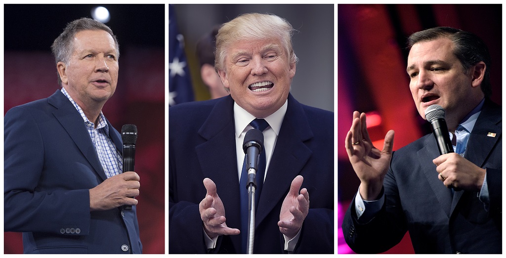 (FILES)This combination of file photos shows Republilcan presidential candidates Ted Cruz(L) Donald Trump (C)and John Kasich. Ted Cruz and John Kasich have agreed to join forces to try to deny frontrunner Donald Trump the Republican Party's presidential nomination, their campaigns said April 24, 2016. The sudden alliance, revealed in short statements, arose due to the pressing timing of the Republican party's presidential primary season.  / AFP PHOTO / dsk
