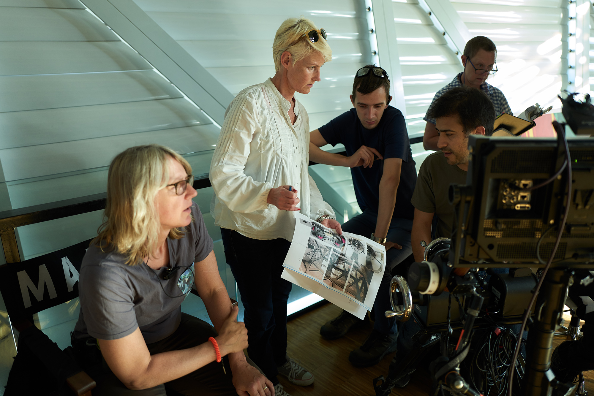 Production Designer Sophie Becher, second from left, on the set of MARS in Budapest. (photo credit: National Geographic Channels/Robert Viglasky)