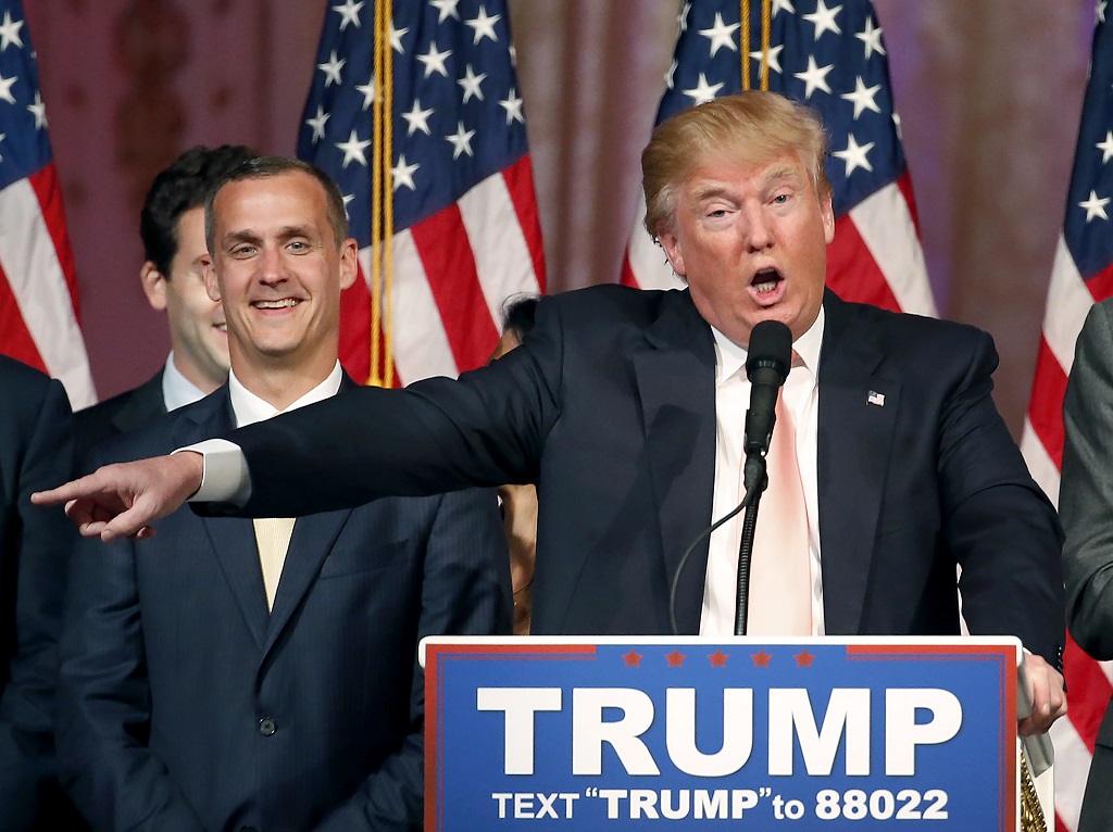 (FILES) This file photo taken on March 15, 2016 shows Republican presidential candidate Donald Trump with his campaign manager Corey Lewandowski(L) addressing the media following victory in the Florida state primary in West Palm Beach, Florida. Republican presidential hopeful Donald Trump on June 20, 2016 shook up his White House bid as he looks to a November showdown with Hillary Clinton, letting go his controversial campaign manager. Corey Lewandowski -- who had led the real estate mogul's campaign from the start and was credited with Trump's initial breakthrough in the primaries -- has recently been sidelined, with more experienced political operatives taking over in the run-up to November 8. Lewandowski courted controversy earlier this year over a March run-in with a reporter at a Trump rally. She accused him of roughly grabbing her, leaving bruises, but he denied that account. Florida prosecutors opted to drop all charges. / AFP PHOTO / RHONA WISE