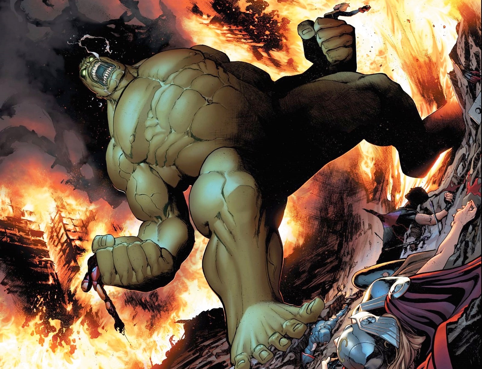 Hulk víziója, amelyben az általa meggyilkolt szuperhősök holttestei veszik körül. Fotó: Marvel