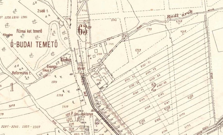 Egy 1908-as térkép részlete, rajta a Rádl-árokkal, és a malom helyével