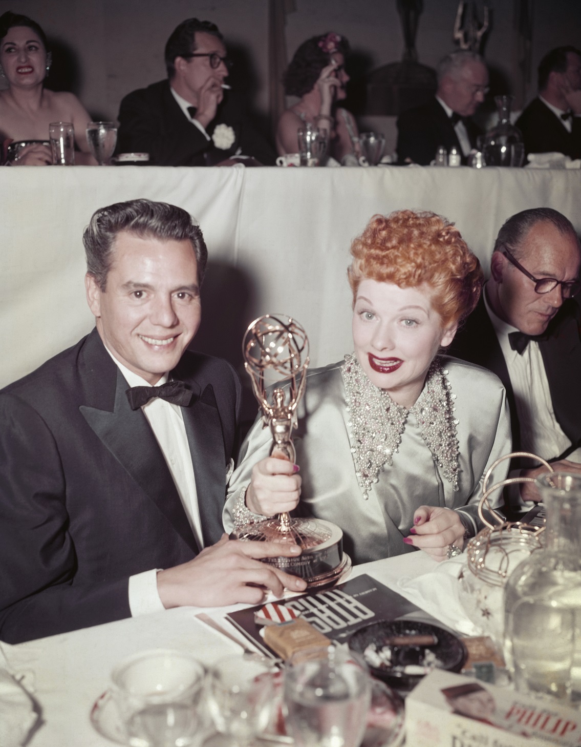 American actress Lucille Ball (1911 - 1989) and her husband Desi Arnaz (1917 - 1986) with their Academy of Television Arts & Sciences (ATAS) trophies at the Emmy Awards, USA, 5th February 1953. Ball had won Best Comedienne for her role in the series 'I Love Lucy' and the series itself had won Best Situation Comedy. (Photo by FPG/Getty Images)