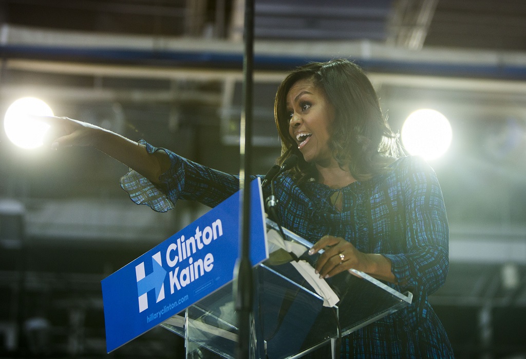 PHILADELPHIA, PA - SEPTEMBER 28: U.S. first lady Michelle Obama campaigns for democratic presidential nominee Hillary Clinton at Lasalle University on September 28, 2016 in Philadelphia, Pennsylvania. Michelle Obama speaks about what is at stake in November and urges Pennsylvanians to vote. (Photo by Jessica Kourkounis/Getty Images)
