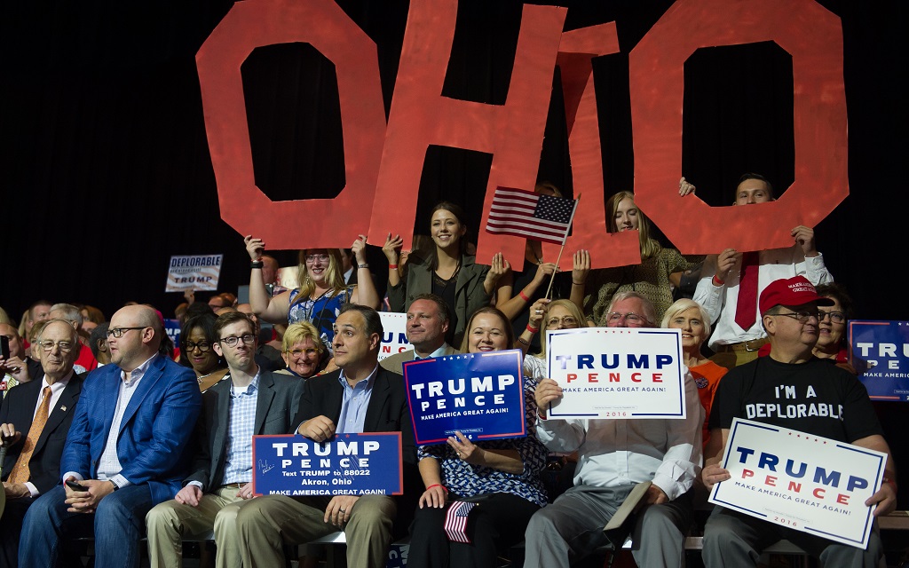CANTON, OH - SEPTEMBER 14: Supporters cheer for Republican Presidential candidate Donald Trump during a campaign rally at the Canton Memorial Civic Center on September 14, 2016 in Canton, Ohio. Recent polls show Trump with a slight lead over Democratic candidate Hillary Clinton in Ohio, a key battleground state in the 2016 election. (Photo by Jeff Swensen/Getty Images)