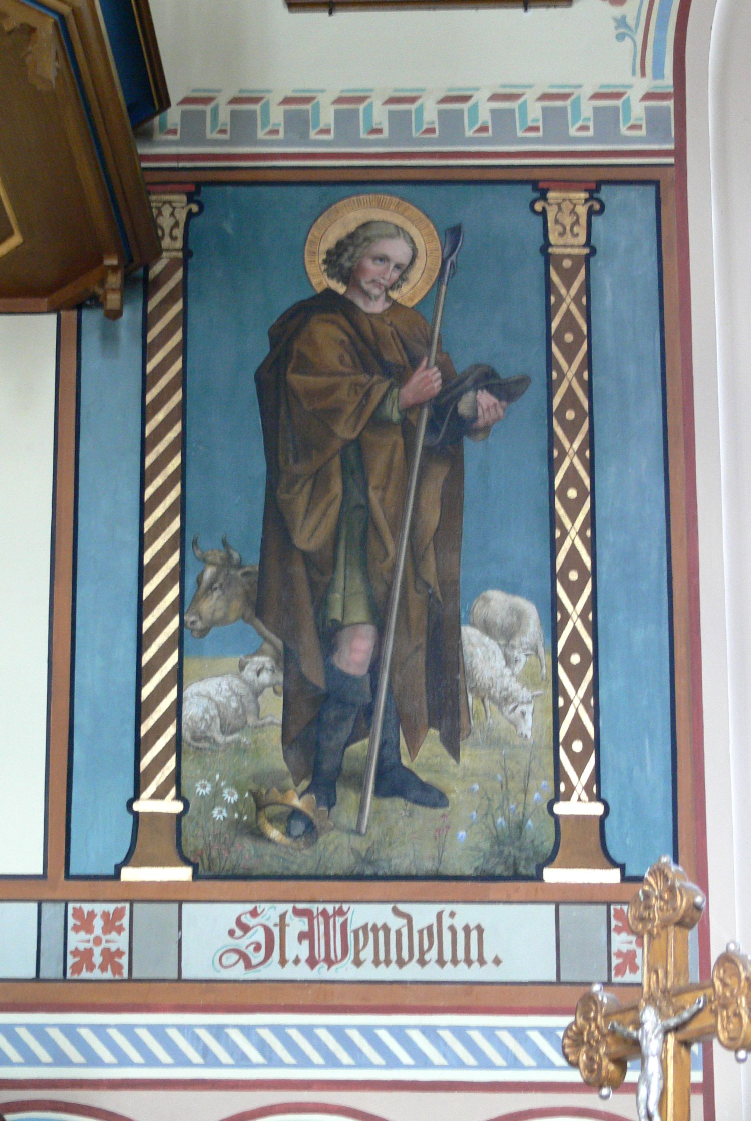 Szent Vendel, a pásztorok védőszentje. Lábánál a korona a visszautasított királyságot szimbolizálja (Wikipedia)