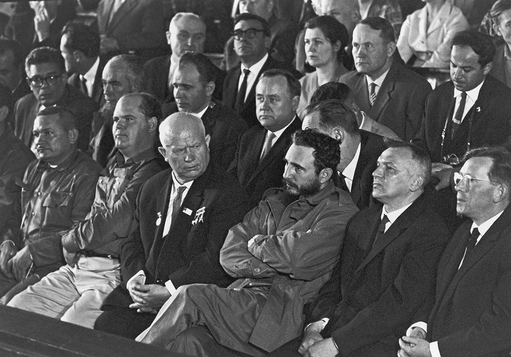 Nikita Khrushchev and Fidel Castro watching a sporting event. (Photo by Serge Plantureux/Corbis via Getty Images)