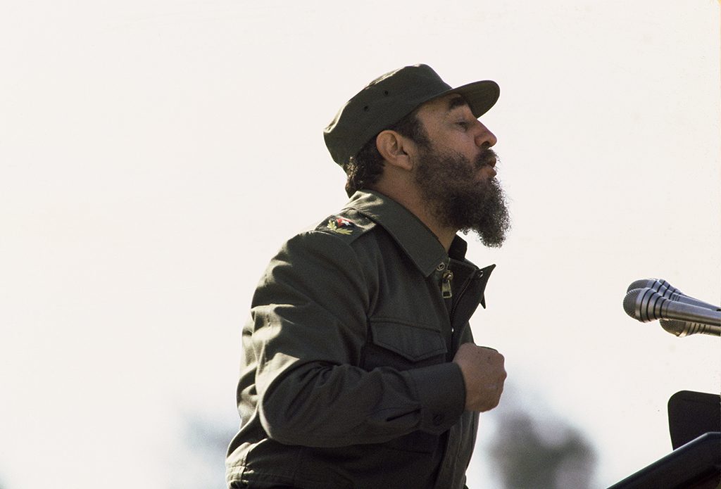 HAVANA, CUBA -- APRIL 16: Fidel Castro addressing the crowd at a military event in Havana, Cuba, April 16, 1981. (Photo by David Hume Kennerly/Getty Images)