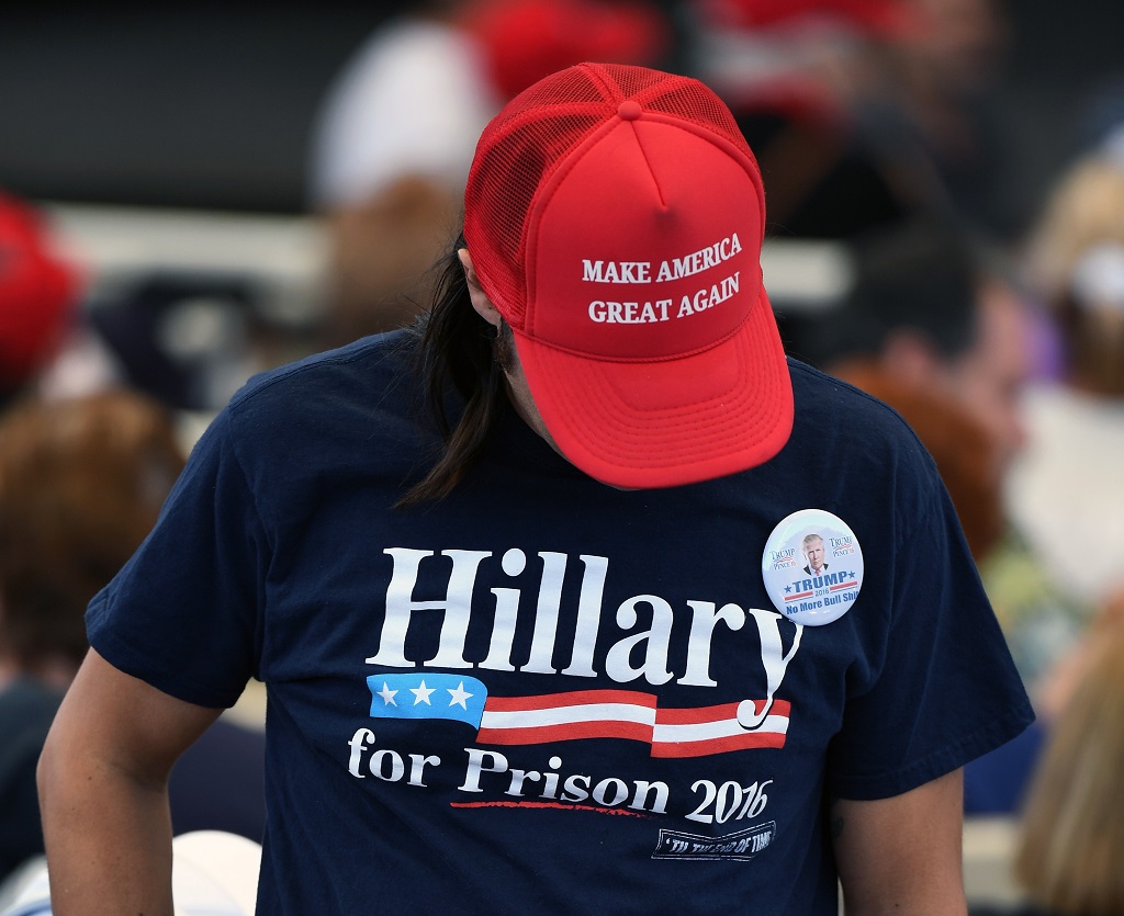 HENDERSON, NV - OCTOBER 05: A supporter of Republican presidential nominee Donald Trump, attends a campaign rally at the Henderson Pavilion on October 5, 2016 in Henderson, Nevada. Trump is campaigning ahead of the second presidential debate coming up on October 9 with Democratic presidential nominee Hillary Clinton. (Photo by Ethan Miller/Getty Images)