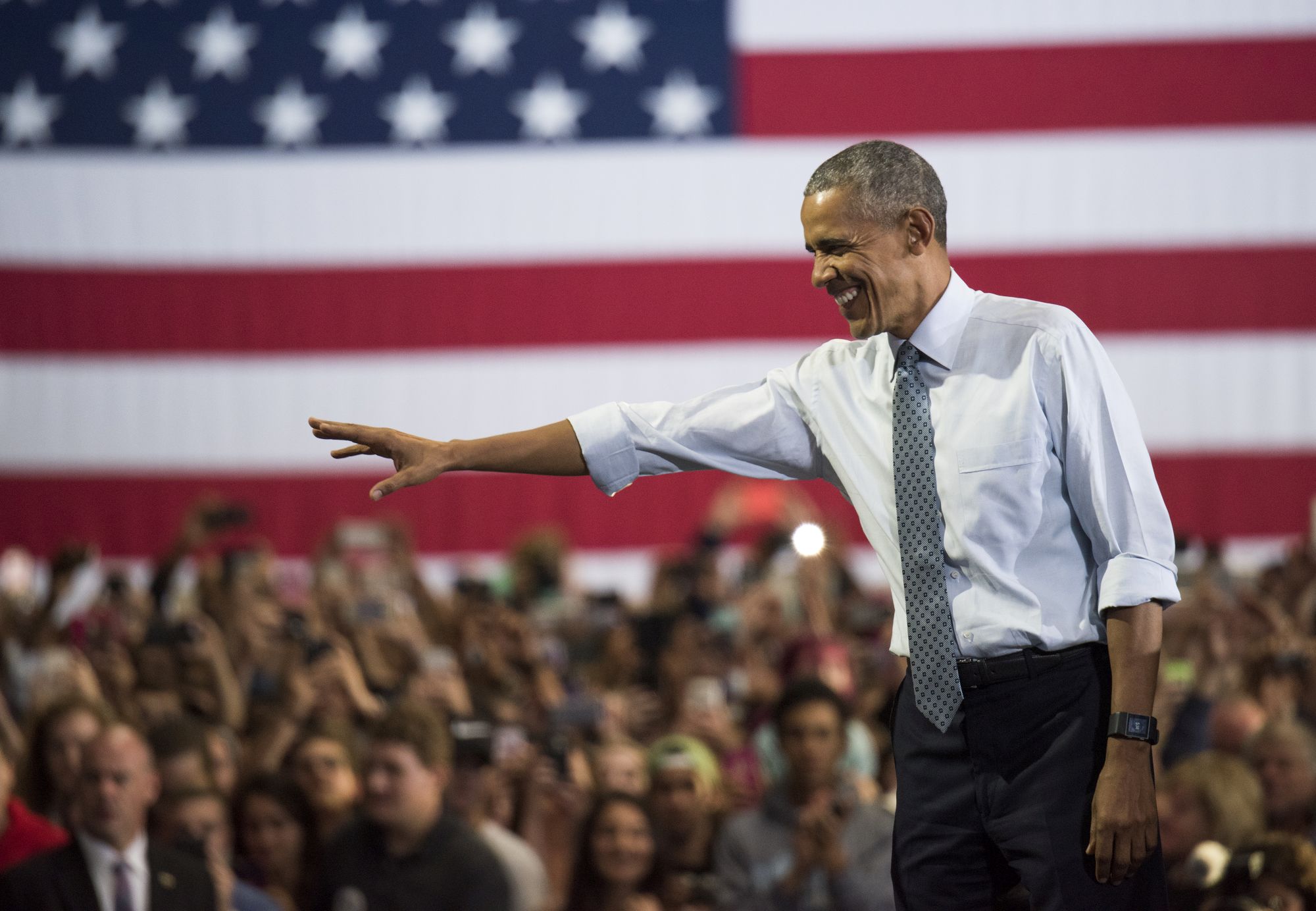 COLUMBUS, OH - NOVEMBER 01: President Barack Obama waves to the crowd before speaking during a campaign event for Hillary Clinton at Capital University on November 1, 2016 in Columbus, Ohio. President Obama was stressing to the crowd the importance to vote with the presidential race so close, between Clinton and Trump, only one week before election day. (Photo by Ty Wright/Getty Images)