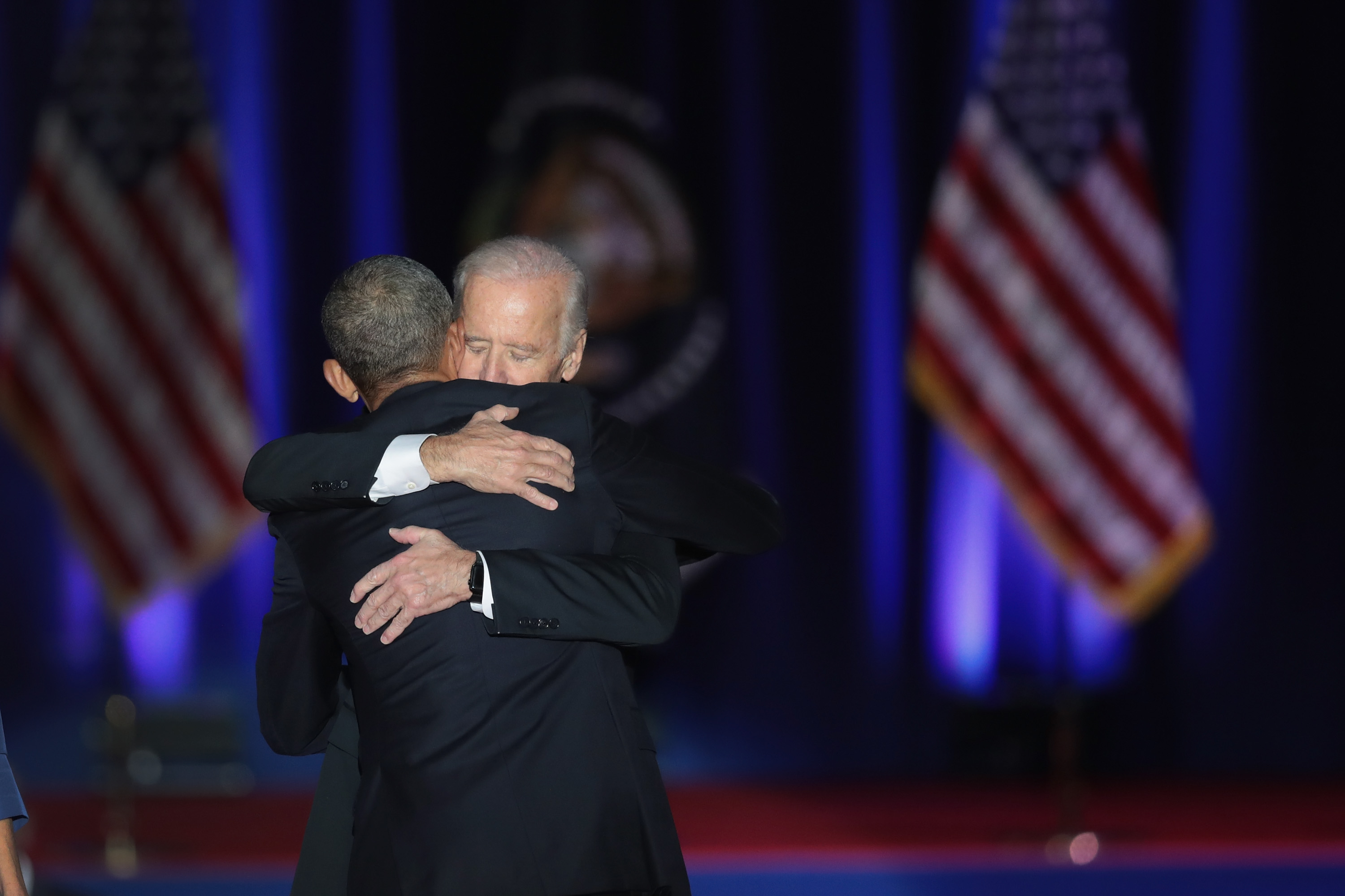 CHICAGO, IL - JANUARY 10: President Barack Obama embraces Vice President Joe Biden after Obama delivered his farewell speech to the nation on January 10, 2017 in Chicago, Illinois. President-elect Donald Trump will be sworn in the as the 45th president on January 20. (Photo by Scott Olson/Getty Images)