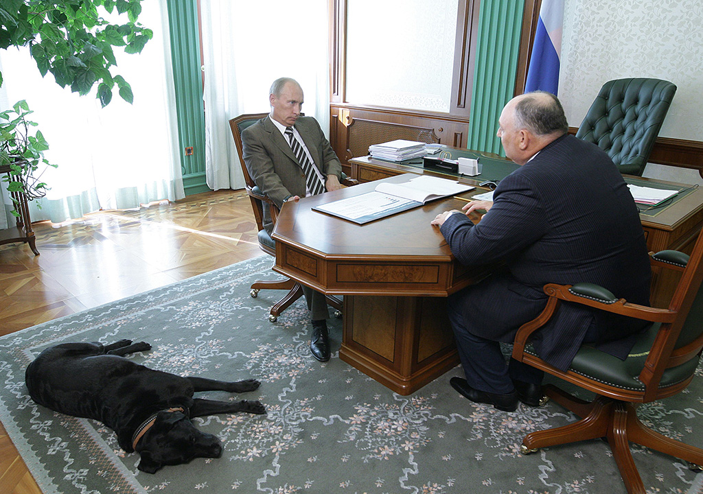 Russian Prime Minister Vladimir Putin (L) meets the owner of Akron Holding Vyacheslav Kantor (R) at an undisclosed location in Russia on July 27, 2010. Putin's pet labrador dog Koni lies on the floor nearby. AFP PHOTO / RIA NOVOSTI / POOL / ALEXEY DRUZHININ / AFP PHOTO / RIA NOVOSTI / ALEXEY DRUZHININ