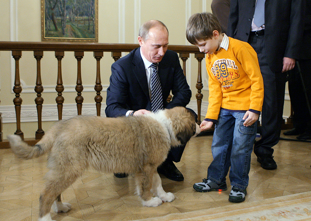 Russian Prime Minister Vladimir Putin (L) and Dima Sokolov, the boy who proposed the dog's name to Putin, play with Putin's Bulgarian shepherd dog "Buffy" during their meeting at Putin's residence outside of Moscow, the Novo-Ogaryovo, on December 9, 2010. AFP PHOTO/ RIA-NOVOSTI /POOL/ ALEXEY DRUZHININ / AFP PHOTO / RIA NOVOSTI / ALEXEY DRUZHININ