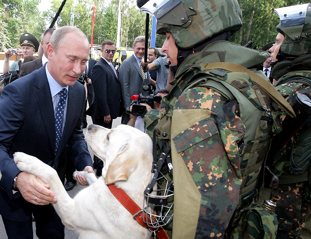 Russian Prime Minister Vladimir Putin greets a soldier's dog as he visits a division of the Ministry of Internal Affairs in Balashiha, outside Moscow ,on July 22, 2011. AFP PHOTO/ RIA-NOVOSTI POOL/ ALEXEY DRUZHININ / AFP PHOTO / RIA NOVOSTI / ALEXEY DRUZHININ