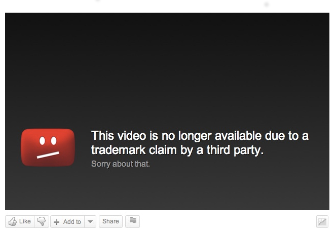 Szerzői jogsértésre figyelmeztető üzenet a YouTube-on.
