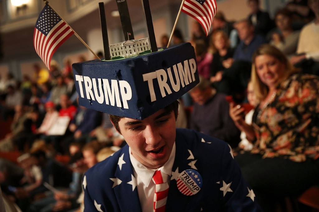 CARMEL, IN - MAY 02: Michael Kuzma shows his support for Republican presidential candidate Donald Trump during his campaign stop at the Palladium at the Center for the Performing Arts on May 2, 2016 in Carmel, Indiana. Trump continues to campaign leading up to the state of Indiana's primary day on Tuesday. (Photo by Joe Raedle/Getty Images)