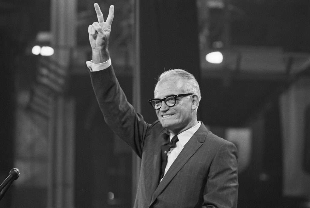 (Original Caption) 8/5/68-Miami Beach: Former Senator Barry M. Goldwater of Arizona, his party's presidential nominee in 1964, acknowledges the cheers of the audience after speaking to those assembled late 8/5 at Convention Hall for the second session of the Republican National Convention.