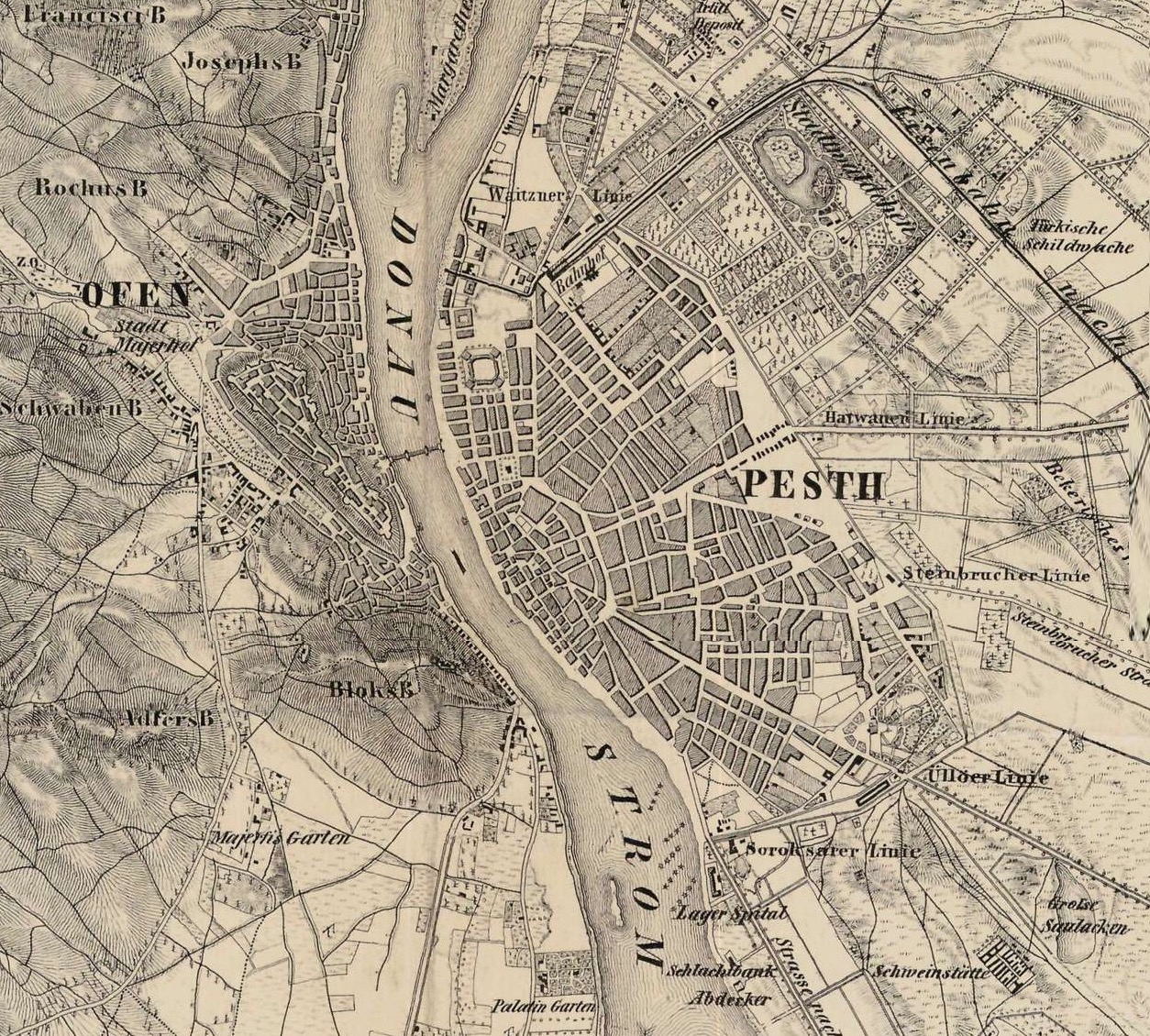 Pest, Buda és Óbuda térképe, 1852 (részlet)
