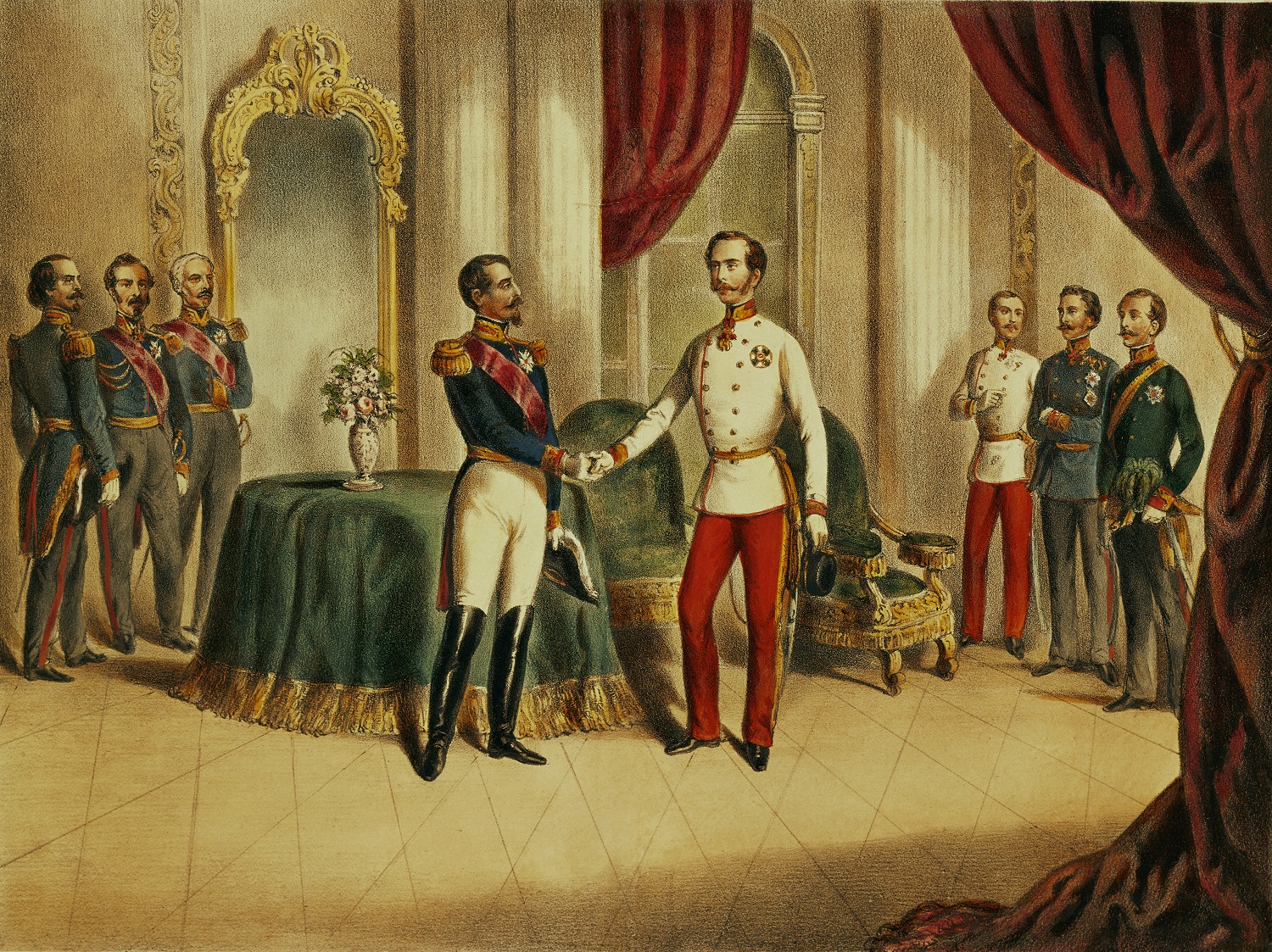 1859 júliusa, Ferenc József és III. Napóleon találkozója Villafrancában, ahol aláírták a tűzszünetet az osztrák vereséggel végződő olasz háborúk végén. Forrás: Imagno/Getty Images 