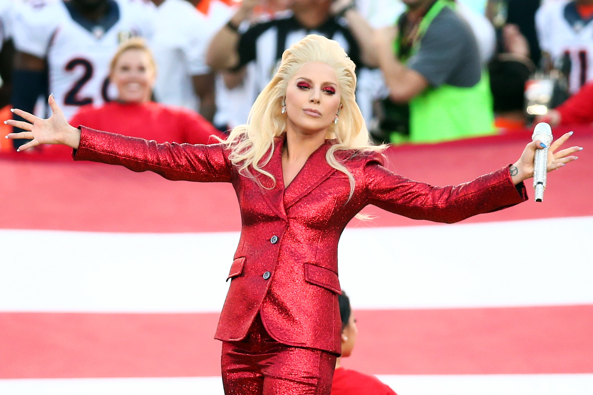 SANTA CLARA, CA - FEBRUARY 07:  Lady Gaga sings the National Anthem at Super Bowl 50 at Levi's Stadium on February 7, 2016 in Santa Clara, California.  (Photo by Christopher Polk/Getty Images)