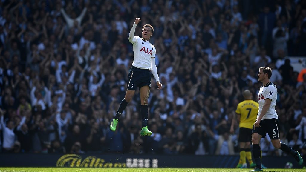 Tottenham Hotspur's English midfielder Dele Alli celebrates scoring his team's first goal during the English Premier League football match between Tottenham Hotspur and Watford at White Hart Lane in London, on April 8, 2017. / AFP PHOTO / Justin TALLIS / RESTRICTED TO EDITORIAL USE. No use with unauthorized audio, video, data, fixture lists, club/league logos or 'live' services. Online in-match use limited to 75 images, no video emulation. No use in betting, games or single club/league/player publications. /